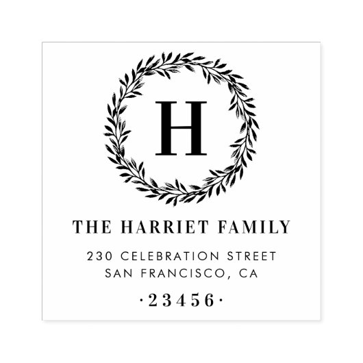 Klassiek krans monogram familienaam retouradres rubberstempel (Afrduk)