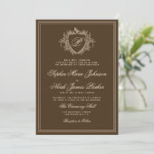 Klassiek kuif monogram bruin bruiloft kaart (Staand voorkant)