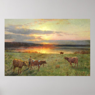 Klassiek landschap van Sunset Lake met koeien Kuns Poster