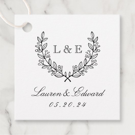 Klassiek laurier bruiloft initiaal monogram bedankjes labels (Voorkant)