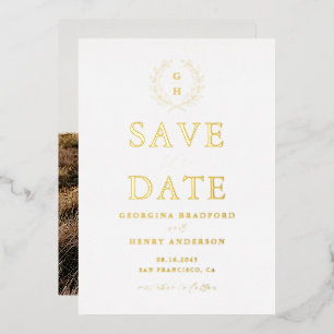 Klassiek lauwerkransmonogram 'Save the Date' Folie Uitnodiging