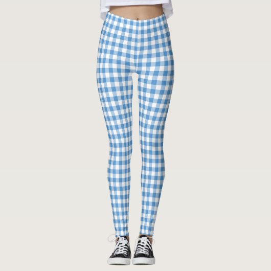 Klassiek lichtblauw en wit Gingham-patroonpatroon Leggings (Voorkant)