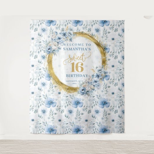 Klassiek Lichtblauw Zoete Zestien Goud Glitter Muu Wandkleed (Voorkant)