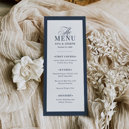 Klassiek Luxe | Navy Blauwe en Witte Trouwrand Menu