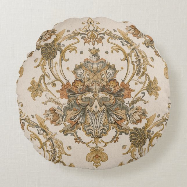 Klassiek, Luxe Ornament, Goud Beigi Grijs Rond Kussen (Voorkant)