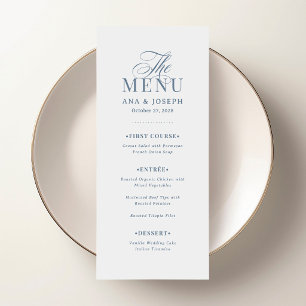 Klassiek Luxe Witte en stoffig blauwe trouw Menu