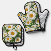 Klassiek madeliefpatroon witte bloemenvelden groen ovenwant & pannenlap set (Voorkant / Achterkant)