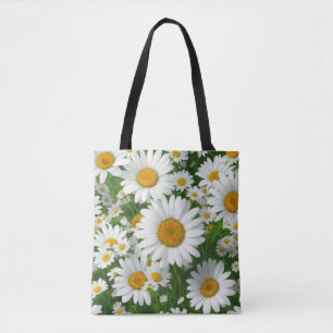 Klassiek madeliefpatroon witte bloemenvelden groen tote bag