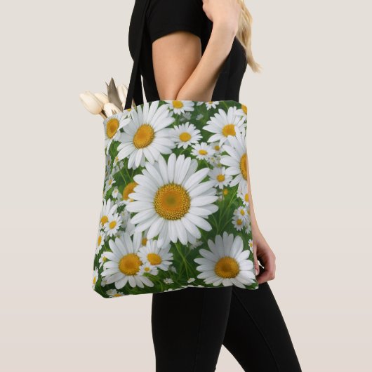 Klassiek madeliefpatroon witte bloemenvelden groen tote bag (Dichtbij)