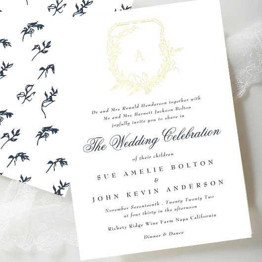 Klassiek marineblauw botanisch goud monogram kuif folie uitnodiging