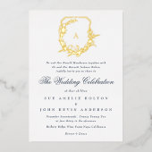 Klassiek marineblauw botanisch goud monogram kuif folie uitnodiging (Voorkant)