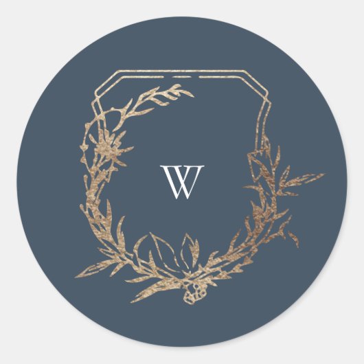 Klassiek marineblauw botanisch motief monogram kui ronde sticker (Voorkant)