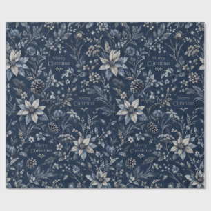 Klassiek marineblauw botanisch vrolijk kerstpatroo cadeaupapier