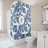Klassiek marineblauw damast patroon douchegordijn (In situ)
