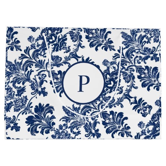 Klassiek marineblauw damast patroon groot cadeauzakje (Achterkant)