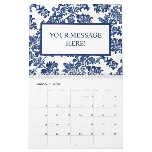 Klassiek marineblauw damast patroon kalender (Jan 2026)
