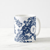 Klassiek marineblauw damast patroon koffiemok (Voorkant rechts)