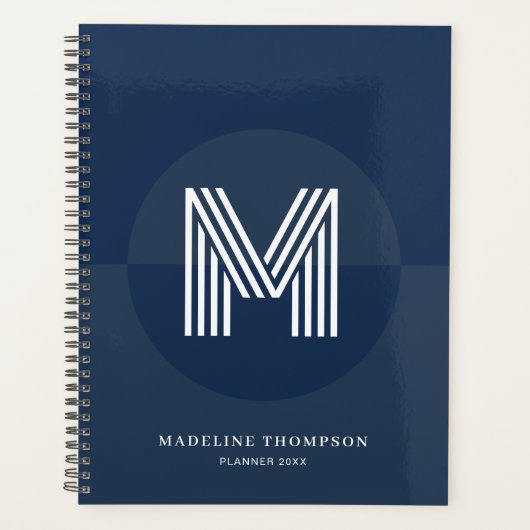 Klassiek marineblauw geometrisch modern monogram planner (Voorkant)