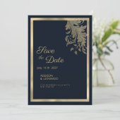 Klassiek marineblauw gouden bloemenkant Save the D Kaart (Staand voorkant)