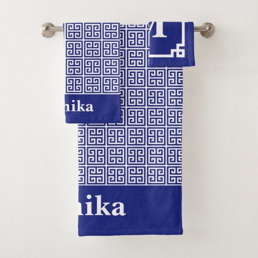 Klassiek marineblauw Grieks sleutel randmonogram Bad Handdoek (Insitu)