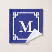 Klassiek marineblauw Grieks sleutel randmonogram Bad Handdoek (Wasdoekje)