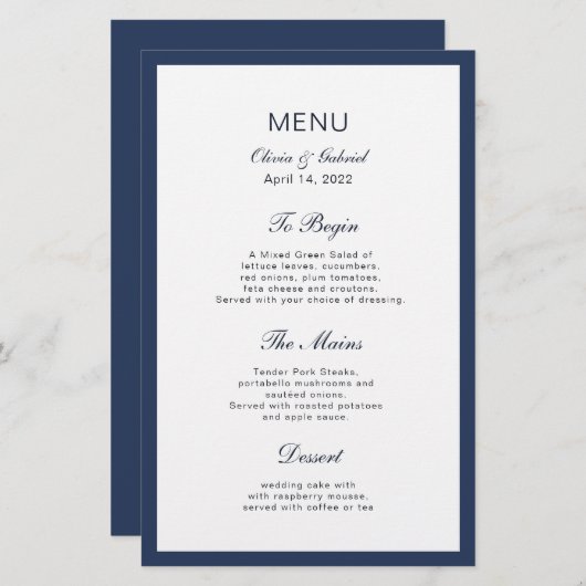 Klassiek marineblauw Lijst. Menu Elegant bruiloft (Voorkant / Achterkant)