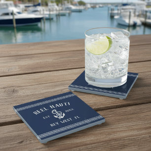 Klassiek marineblauw   Rustieke Anker Boot Naam Glazen Onderzetter
