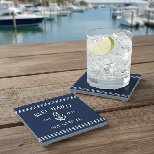 Klassiek marineblauw | Rustieke Anker Boot Naam Glazen Onderzetter