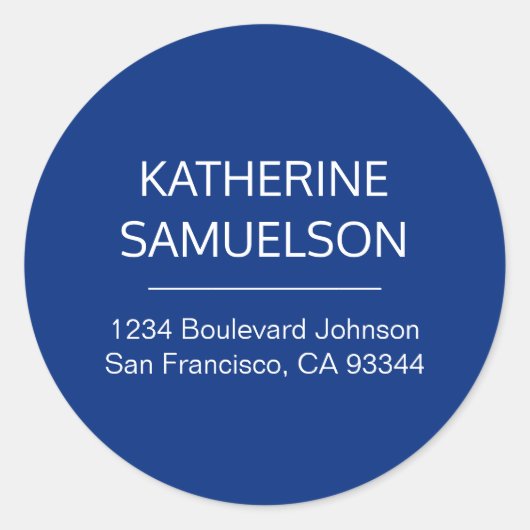 Klassiek marineblauw wit naam & retouradres ronde sticker (Voorkant)