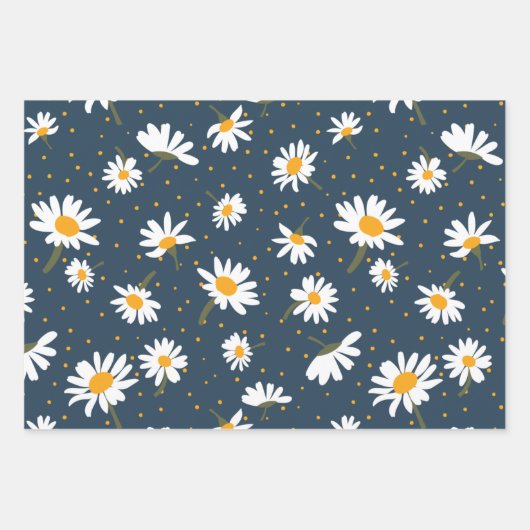 Klassiek marinegeel wit madeliefje bloemenpatroon inpakpapier vel (Voorkant)