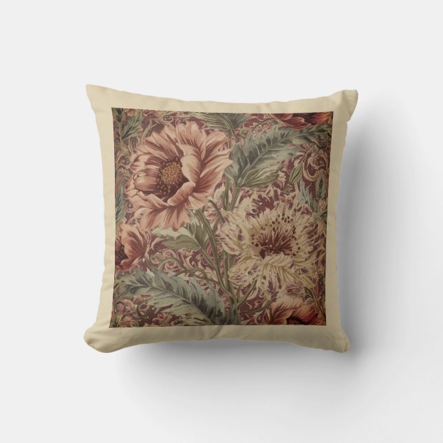 Klassiek, Maroon Beigi Bloemenpatroon Kussen (Voorkant)