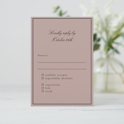 Klassiek Mauve Script Elegant Wedding Maaltijdkeuz RSVP Kaartje (Staand voorkant)
