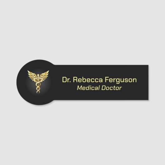 Klassiek Medisch Goud Caduceus op Zwart Naamplaatje (Voorkant)