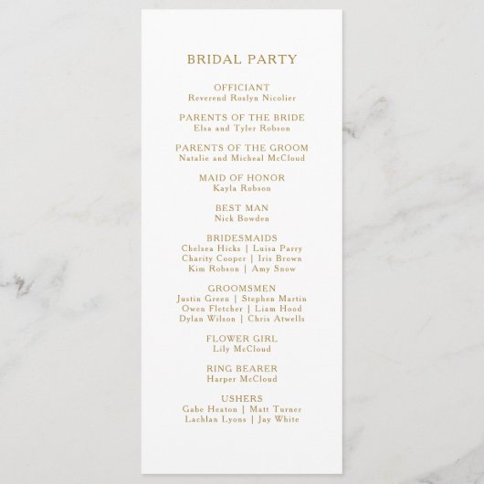 Klassiek minimalistisch goudweddenschap programmakaart (Achterkant)