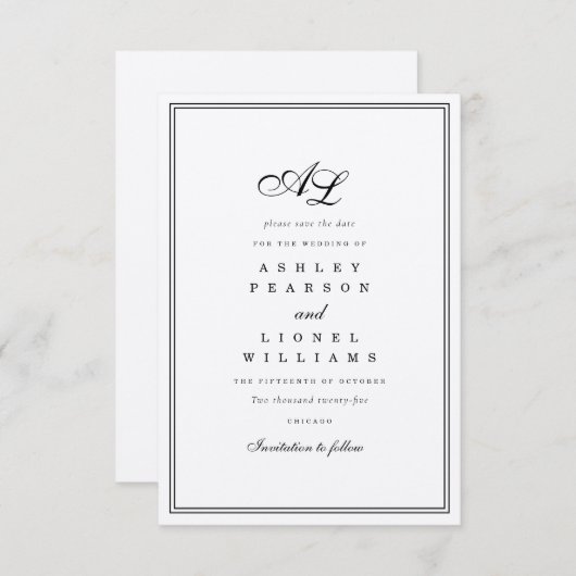 Klassiek minimalistisch traditioneel monogram save the date (Voorkant / Achterkant)