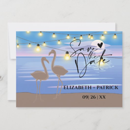 Klassiek minimalistisch, zonsondergang, flamingo's save the date (Voorkant)
