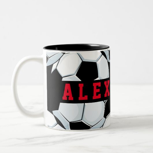 Klassiek minimalistisch zwart wit rood voetbal the tweekleurige koffiemok (Links)