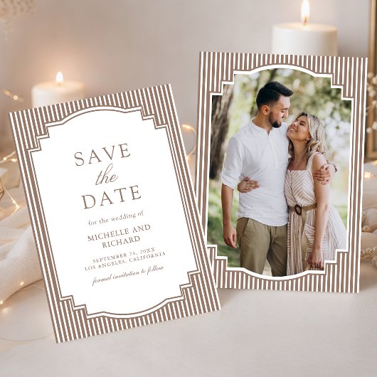 Klassiek Mocha Bruin Gestreept Foto Bruiloft Save The Date