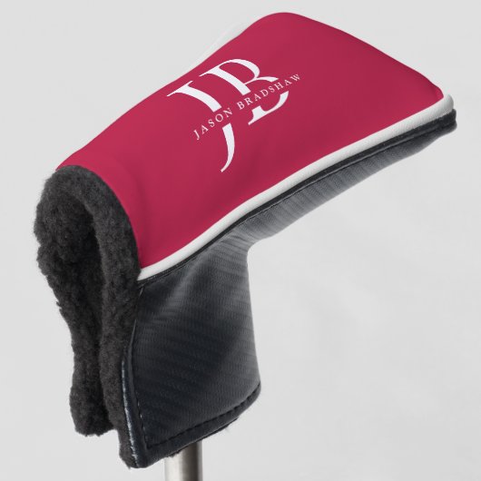 Klassiek modern monogram en naam rood golfheadcover (3/4 voorkant)