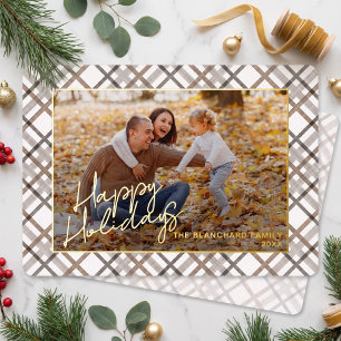 Klassiek modern taupe bruin beige ruitpatroon goud folie feestdagenkaart
