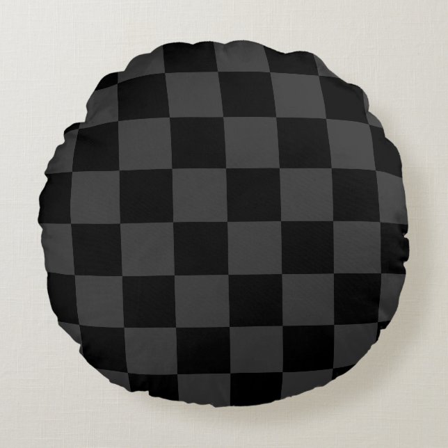 Klassiek Modern Zwart & Rokerig Zwart Checkerboard Rond Kussen (Voorkant)