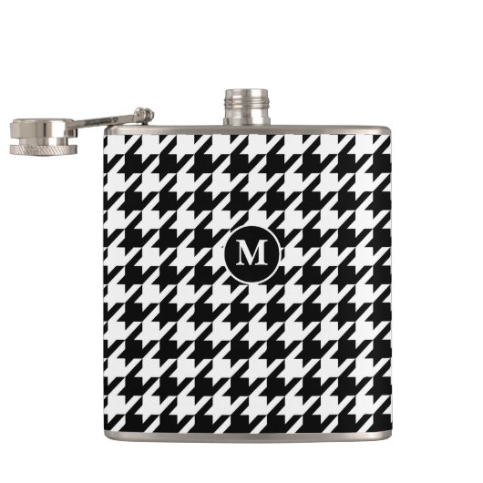 Klassiek modern zwart-wit houndstooth-monogram heupfles (Geopend)