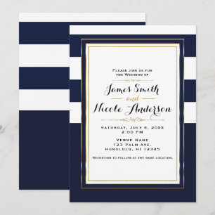 Klassiek Moderne Elegante Blauwe & Gouden Bruiloft Kaart