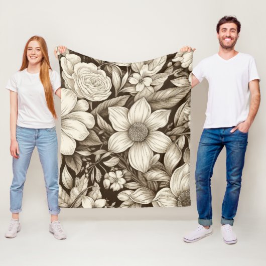 Klassiek monochroom bloemmotief met vintage sfeer fleece deken (In situ)