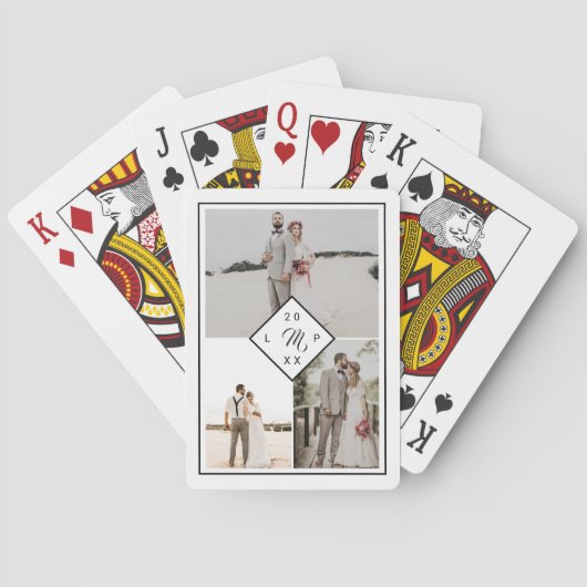 Klassiek monogram 3 foto grid collage bruiloft pokerkaarten (Achterkant)
