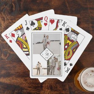 Klassiek monogram 3 foto grid collage bruiloft pokerkaarten