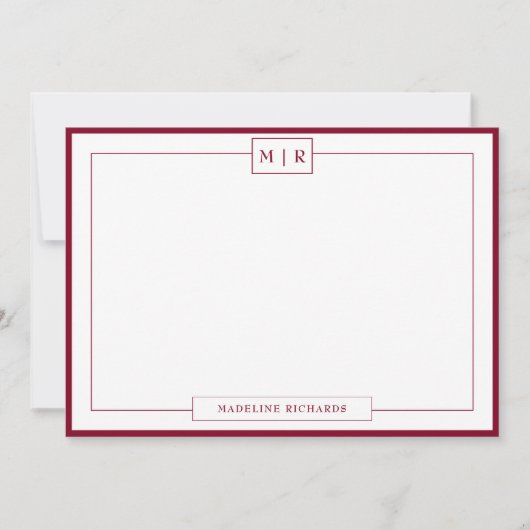 Klassiek Monogram Bourgogne Border Stationery Notitiekaartje (Voorkant)
