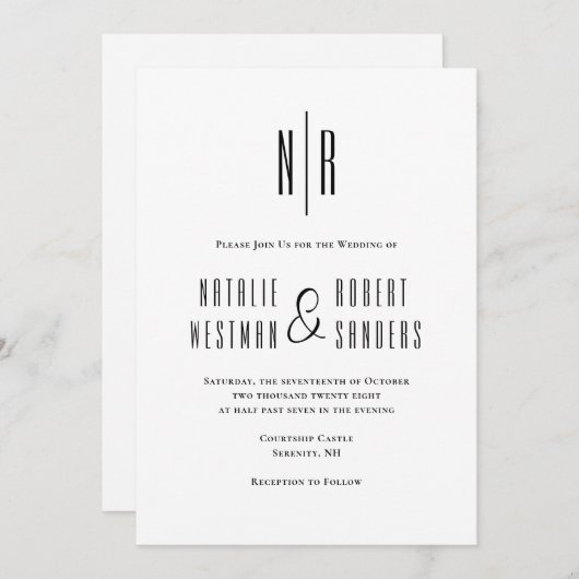 Klassiek Monogram Elegant Zwart Wit Bruiloft Kaart (Voorkant / Achterkant)