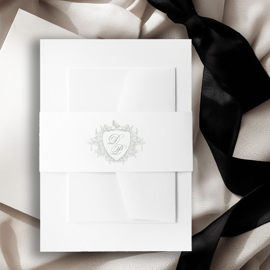 Klassiek monogram embleem saliegroen bruiloft uitnodigingen wikkel