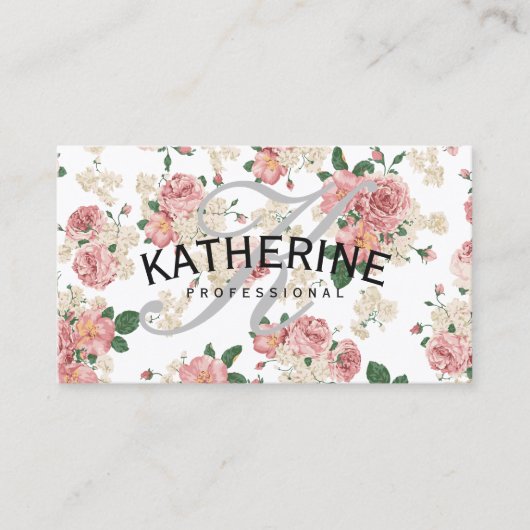 Klassiek monogram grijs  Floral Patroon Visitekaartje (Voorkant)